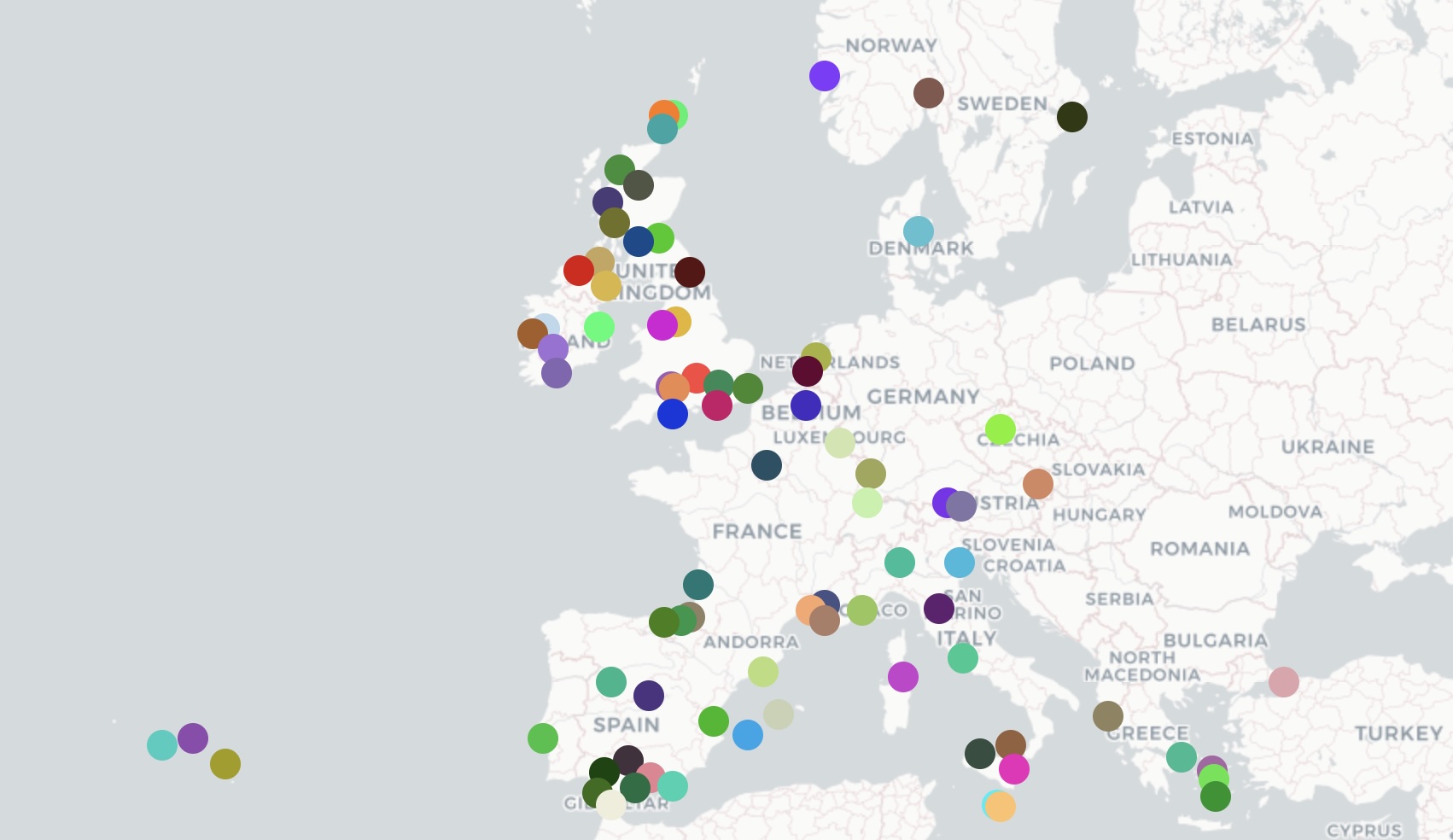 Map of Europe with pins